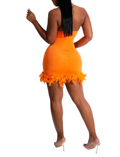 Image of WOKANSE Sequin Dress for Women Sexy Halter Sleeveless Mesh See Through Feathers Short Club Dresses