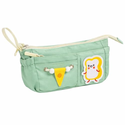 Image of Canvas School Bag Pencil Case, 3 Layer 6 Compartment Large Capacity, Aesthetic Pencil Pouch for Stationary, Cute Stationery for Kids, Pencil Case for Girls & Boys (Pista)