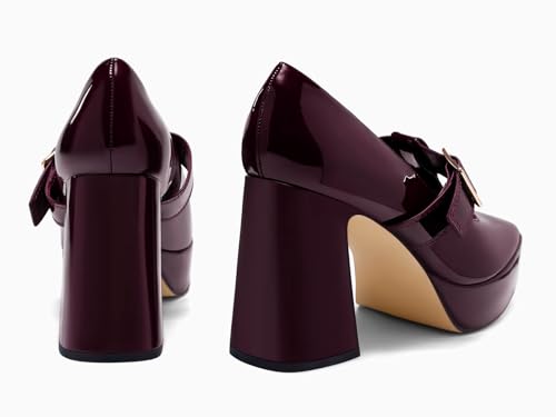 Coutgo Womens Chunky Platform Heels T Strap Mary Jane Pumps Buckle Wedding Dress Shoes Wine Red, 7.54