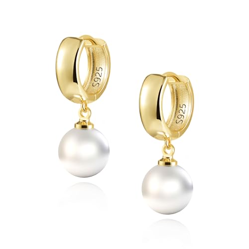 Gold Perlen Creolen Damen Ohrringe mit Anhänger - 14K Vergoldet, Silber 925, Hängende Perlen Tropfen Creolen Gold Perlen Creolen Damen Ohrringe mit Anhänger - 14K Vergoldet, Silber 925, Hängende Perlen Tropfen Creolen
