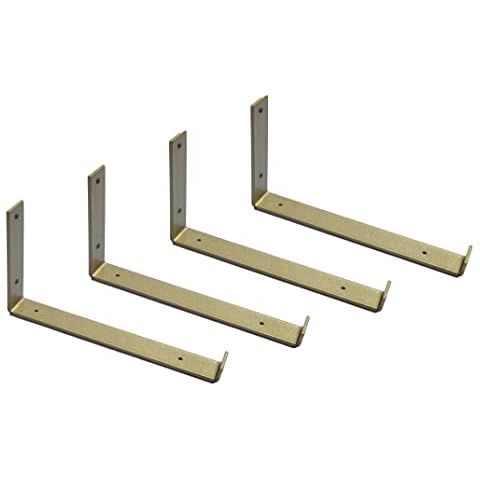 Gold Shelf Brackets 4 Pack Shelves Brackets 11.25" L x 6.0" H x 1.5" W (11.25" Actual Length and 12.0" is The Total Length). Metal Floating J Lip Rustic Iron Open Shelving Brackets Wall Mounted Cover