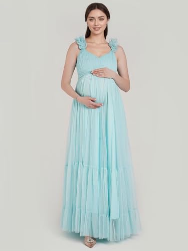 Xijun Women V Neck Tulle Maternity Dresses for Photoshoot A Line 3D Straps Ruffles Long Robes for Baby Shower3