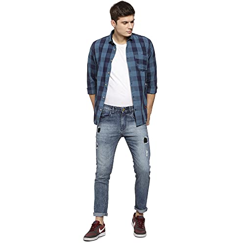 Image of CAHOOT Men' Classic Dark Washed Navy Blue Distressed Patterned Denim Jeans Regular Fit Premium Stretchable Cotton Mid Rise