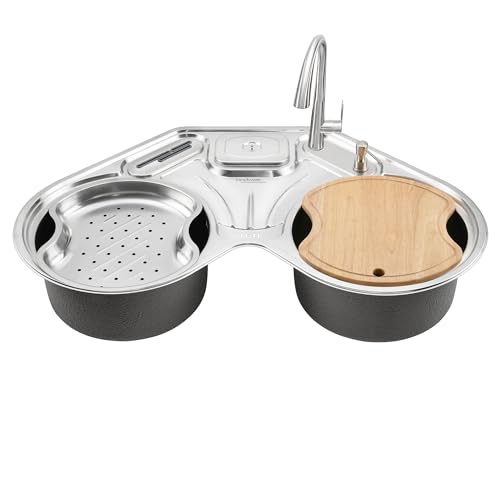 Image of Hindware Kitchen Sink 35 inchx35 inchx9 inch | 304 Grade Stainless Steel | Handmade Single Bowl Sink with Accessories includes- Soap Dispanser, Pullout Faucet, Bottle Trap Connector & Chopping Board (Octavius)