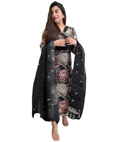 Image of GoSriKi Women's Cotton Blend Straight Printed Kurta with Pant & Dupatta