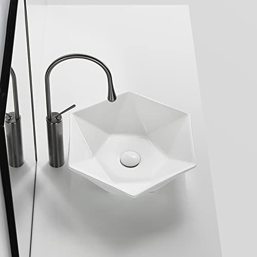 Lavabo de salle de bain hexagonal en céramique blanche compacte avec robinet et bonde - 5