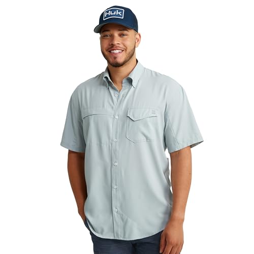 Image of HUK Men's Tide Point Kc Scott Original Artwork Short Sleeve Shirt, Fishing Button Down