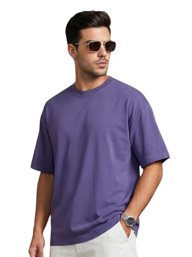 Image of Veirdo Oversized Baggy Fit Drop Shoulder Half Sleeves Round Neck Solid Pure 100% Cotton T-Shirt for Men (Available in White, Black, Mustard, Maroon, Green, Lilac, Navy, Red Color)