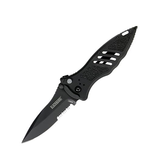 Blackhawk Small Button Lock Folder Knife, 3-1/4” D2 Tool Steel Partially Serrated Blade with Seatbelt Cutter and Glass Breaker (BH15M211BK)