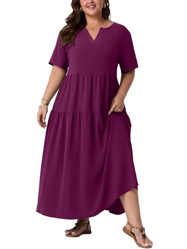 OLRIK Plus Size Maxi Dresses for Curvy Women - Flowy Boho Summer Dress with Pockets, V-Neck Short Sleeve for Beach Vacation