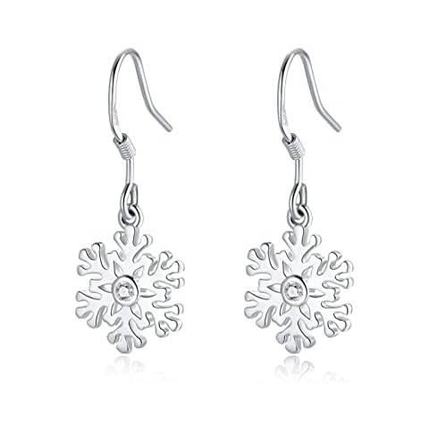 PRETTERY 925 Sterling Silver Snowflake Drop Earrings, Hypoallergenic Snowflake Hook Earrings with White Zirconia for Women Girls, Christmas Earrings Gift Present Cover