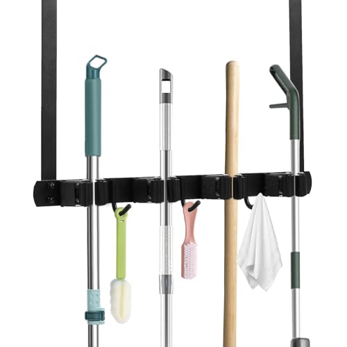 MABCIRY Broom Holder Over the Door with Hooks, Wall Mount Mop and Broom Holder, Stainless Steel Hanging Over the Door, Easy to Install Broom Storage Tool Organizer for Garage Closet Laundry