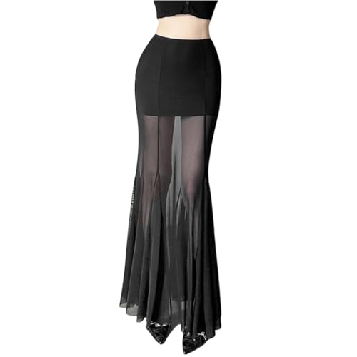 Women Black Patchwork Skirt Hight Waist Mesh See-throung Punk Rave Skirts for Club