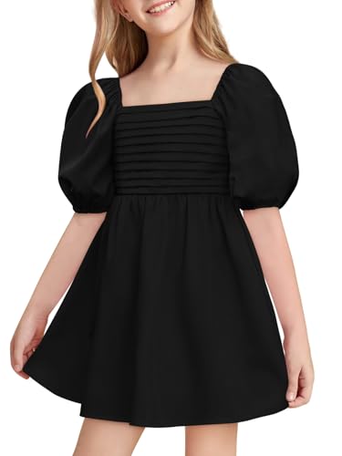 Haloumoning Girls Summer Dress Kids Square Neck Puff Sleeve A-Line Smocked Mini Dresses 5-14 Years
