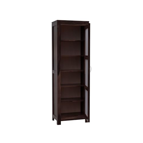 Image of Krishna Wood Decor Solid Sheesham Wooden Crockery Cabinet with Six Shelves | Display Cabinet with Acrylic Glass Door | Wooden Bookcase | Storage Rack for Living Room & Home | Walnut Finish