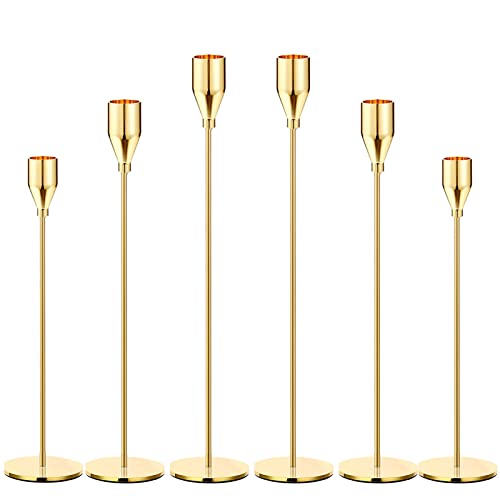 6Pcs Lemon Gold Candle Holders,Set of 6 Tall Taper Gold Candlestick fit 3/4″ Thick Pillar Candle Led Modern Metal Candles, Elegant Stands Decorative Table Centerpieces for Dinning Party Decorative