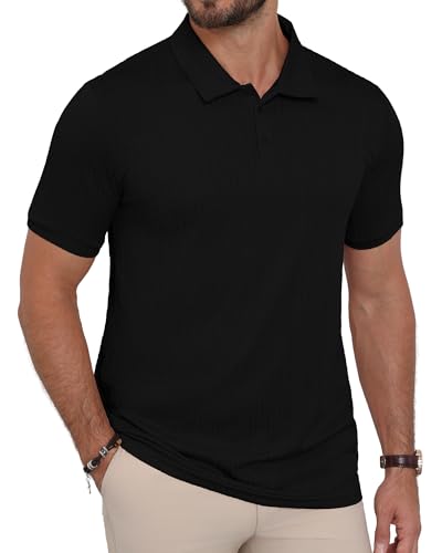 KUYIGO Mens Textured Polo Shirt Casual Collared Shirt Regular Fit Stretchy Golf Shirts S Black
