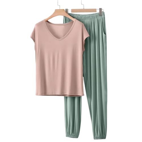 Image of HGps8w Women's Modal Soft Summer Pajamas Sets, Loose V Neck Short Sleeve Top Joggers Pants Matching 2 Piece Lounge Outfits