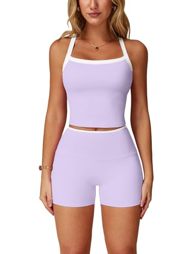 Image of ABOCIW 2 Pieces Workout Sets for Women, Cross Back Tank Top Matching High Waist Biker Shorts, Gym Yoga Pilates Outfits