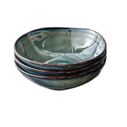 Kadum Lot de 4 assiettes en céramique, assiettes plates, assiettes à pâtes, assiettes à petit-déjeuner, bols méditerranéens, bleu, vert et doré (4 assiettes à pâtes Ø 20 cm)