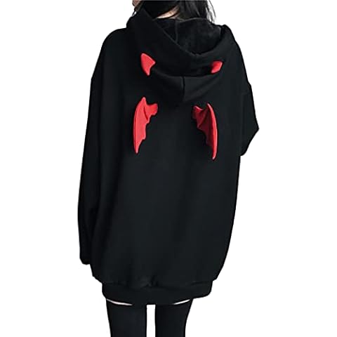 Women Devil Wing Hooded Sweatshirt Casual Loose Long Sleeve Hoodies Pullover Tops, Black, L Cover