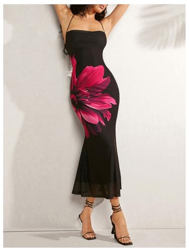 Soly Hux Women'S Floral Print Mesh Bodycon Cami Dress Criss Cross Tie Backless Long Dresses Black Floral Small thumb #5
