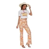 60s 70s Outfits for Women Hippie Costume with Stay Groovy Shirt Pants Hippie Clothes for 70 s Tops(White, L)