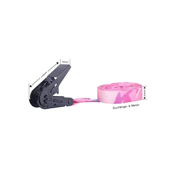 Sandax 4er-Set Spanngurte mit Ratsche pink-Camouflage, Zurrgurte belastbar bis 900kg, nach DIN EN 12195-2, LÃ¤nge 6m, Breite 25mm, hochwertige Einteilige Ratschengurte/Ratschenspanngurte, Zurrgurt Set – Bild 6