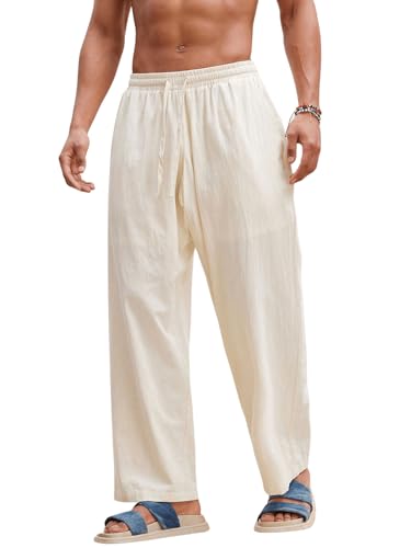 SHENHE Men's Straight Leg Pants Low Rise Drawstring Elastic Waist Loose Linen Pants with Pockets
