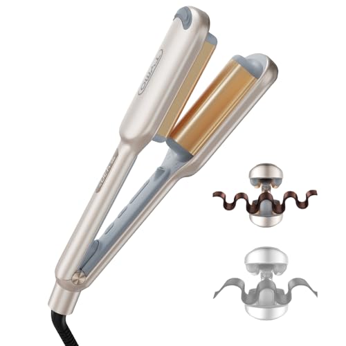 Curling Iron Hair Crimper Waver - TYMO ROVY Beach Waves Curling Wand, Ionic Deep Waver Hair Curler Tool with Ceramic 3 Barrel for Women, Dual Voltage, Anti-Scald, Easy to Use, Elegant Gold, 1 Inch