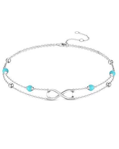 Image of FANCIME Ankle Bracelets For Women, 925 Sterling Silver Infinity Layered Anklet Adjustable Turquoise Beaded Chain Beach Jewelry Mothers Day Gifts for Women