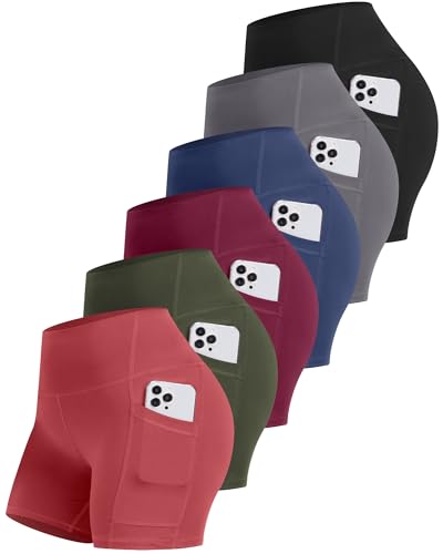 CHRLEISURE 6 Packs Womens Biker Shorts with Pocket, 5 Inch High Waisted Tummy Control Spandex Yoga Workout Shorts