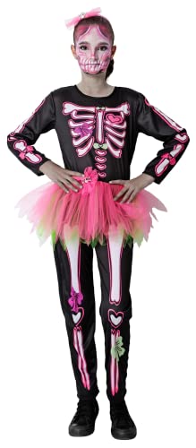 Gojoy Shop - Costume de crâne rose pour filles Halloween Canaval(Contient : combinaison avec pantalon en os couleurs et tutu rose, bandeau et sac à dos à cordes.4 tailles différentes) (3-4 ans) Cover