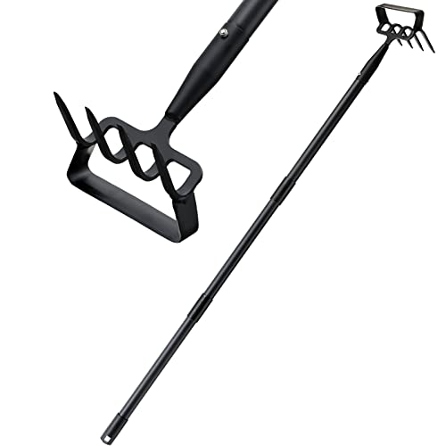 Cultivator Hoe Garden Tools for Gardening, Heavy Duty Stainless Steel 4 Tine Hand Garden Rake Cultivator and Stirrup Hoe Long Handle for Women Weeding Loosening Digging 30-60 inch