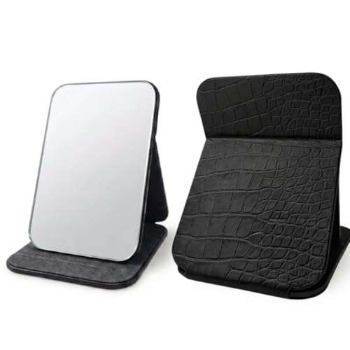 Image of Foldable Makeup Mirror with Adjustable Stand, Portable HD Vanity Mirror for Travel & Dressing Table, PU Leather Crocodile Pattern Compact Cosmetic Mirror for Women & Girls(16x11cm) (Black)