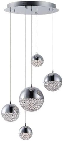ET2 E31227-20PC Eclipse Beveled Crystal Beads Metal Spun Orb Wind Chime LED Pendant Ceiling Lighting, 5-Light 32 Total Watts, 9"H x 20"W, Polished Chrome