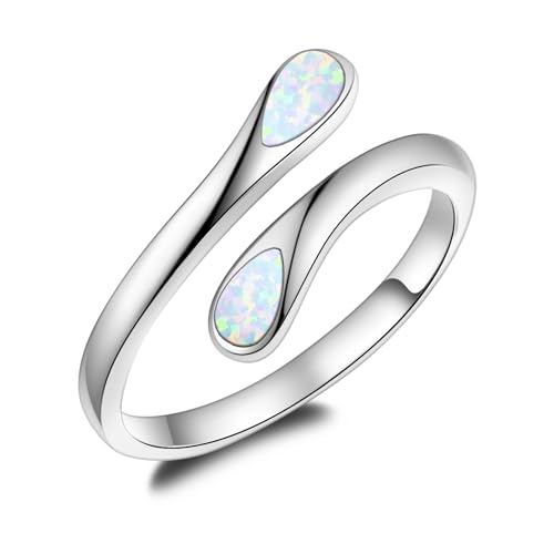 Sterling Silver Opal Ring for Women Adjustable Thumb White Fire Opal Birthstone Jewelry Gift Dainty Band Minimalist Promise Rings for Her