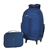 Mochila De Rodinha E Estojo Juvenil Feminino Masculino Escolar (Azul Marinho)