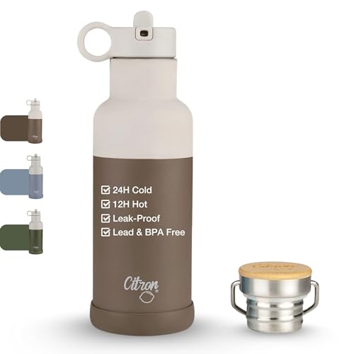 Citron Insulated Water Bottle Stainless Steel, Brown – 500ml, BPA & Lead-Free, Leak Proof Straw/Flask Lids – Keeps Liquids Cold for 24 Hours & Hot for 12 Hours - 16.91 oz