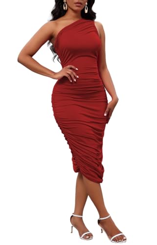 Image of Womens One Shoulder Dress Sexy Ruched Bodycon Midi Party Dress Sleeveless Cocktail Wedding Guest Club Night Outfit
