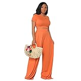 Womens 2 Piece Shortsleeve Jumpsuit Sexy Bodycon Crop Top & Flared High Waist Pants Outfits for Women Casual Solid Color Tracksuits Wide Leg Long Pants Yoga Romper Sets Orange Size L