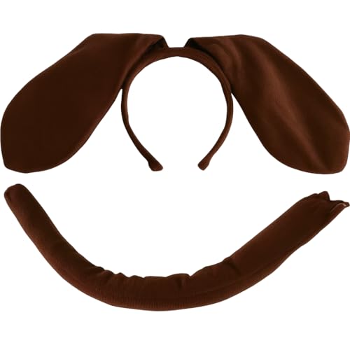 2 Pack Dog Ear Headband and Tail Set for Adults and Kids, Plush Brown Puppy Animal Accessories with Adjustable Ears Headband and Tail for Halloween, Dress-Up Parties, and Cosplay