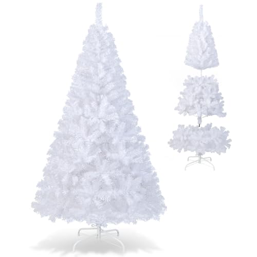 GYMAX 5FT/ 6FT/ 7FT/ 8FT Artificial Christmas Tree, Traditional White Xmas Tree with Metal Stand, Indoor Outdoor Christmas Decoration and Gift (6 FT)