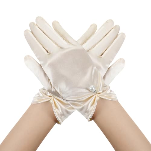 Yolev Short Satin Gown Gloves Women's Wrist Length Banquet Dress Gloves for Opera Wedding (Champagne)