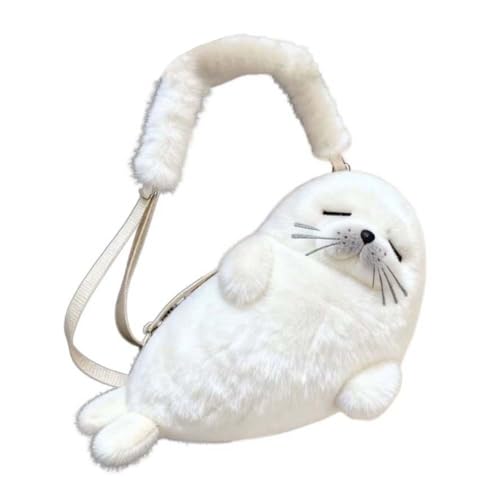 Petite pochette à bandoulière en peluche blanche avec sangles réglables, sac à main léger en peluche avec sceau de dessin animé, Style 2, White
