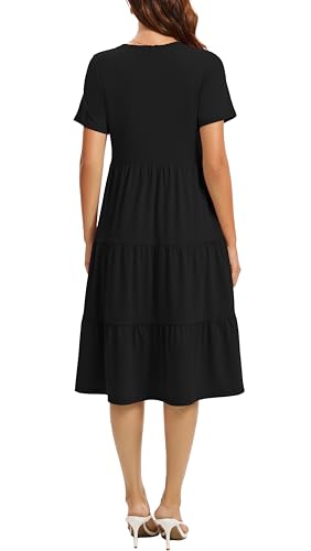 Image of Womens Summer Short Sleeve Crew Neck Midi Dress 2026 Casual Fit Flowy Tiered Beach Vacation Sundress with Pockets