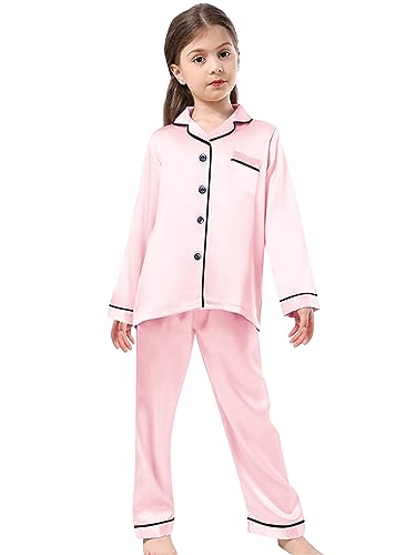Image of Schbbbta Girls & Women Satin Pajamas Set, 2Piece Silk Nightwear Button-Down Sleepwear for Teen Kids, 3 Years - Women XXL