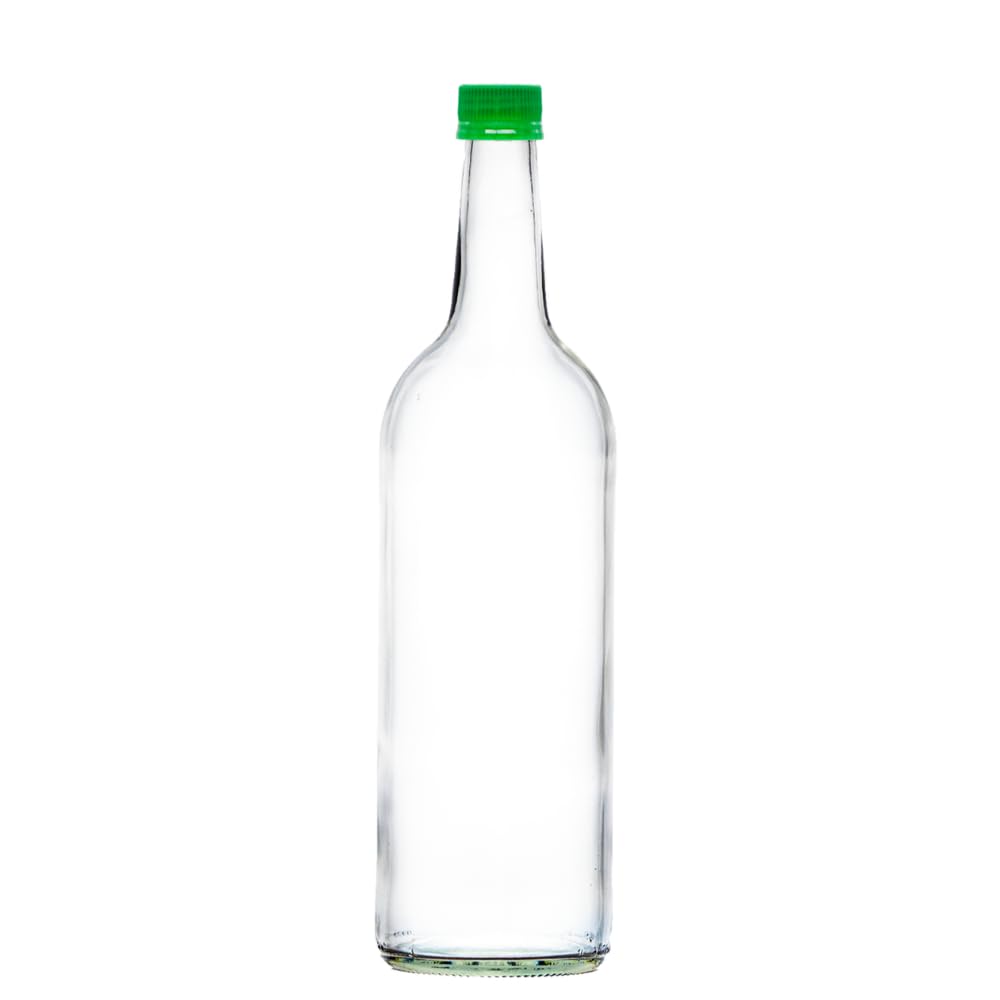 Glass Water Bottle, 1 Litre & Cap Juice Mineral Elderflower Cordial Sparkling (Green Cap, Pack of 15)