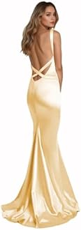 Women's Mermaid Prom Dresses 2025 V Neck Satin Backless Long Formal Evening Gown Plus Size Champagne