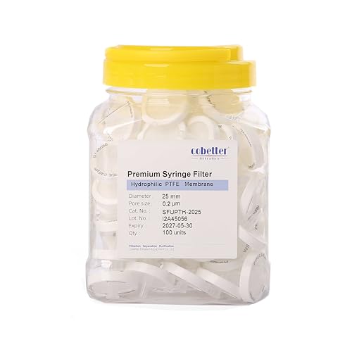 Image of Pack of 100 Syringe Filters PTFE Hydrophilic 5.0μm Membrane 25mm Pore Size Non-sterile Lab Filter, HPLC Certified, (PTFE, 5.0um 25mm, White)